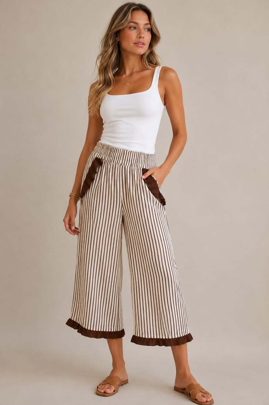 Striped Wide-Leg Pants - Brown/Combo